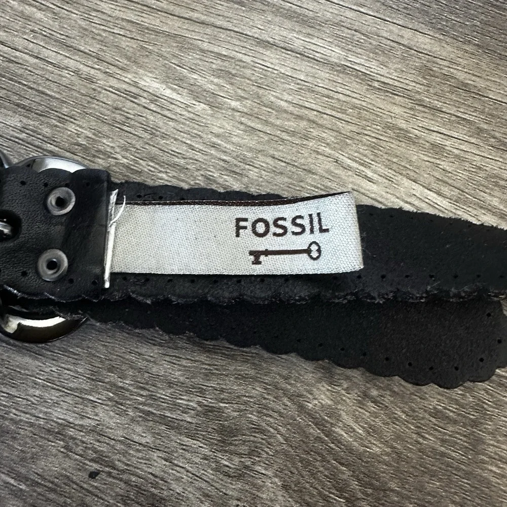 Fossil Women's Belt Black Scalloped Leather Detailed Feminine Boho Mid Width Sm